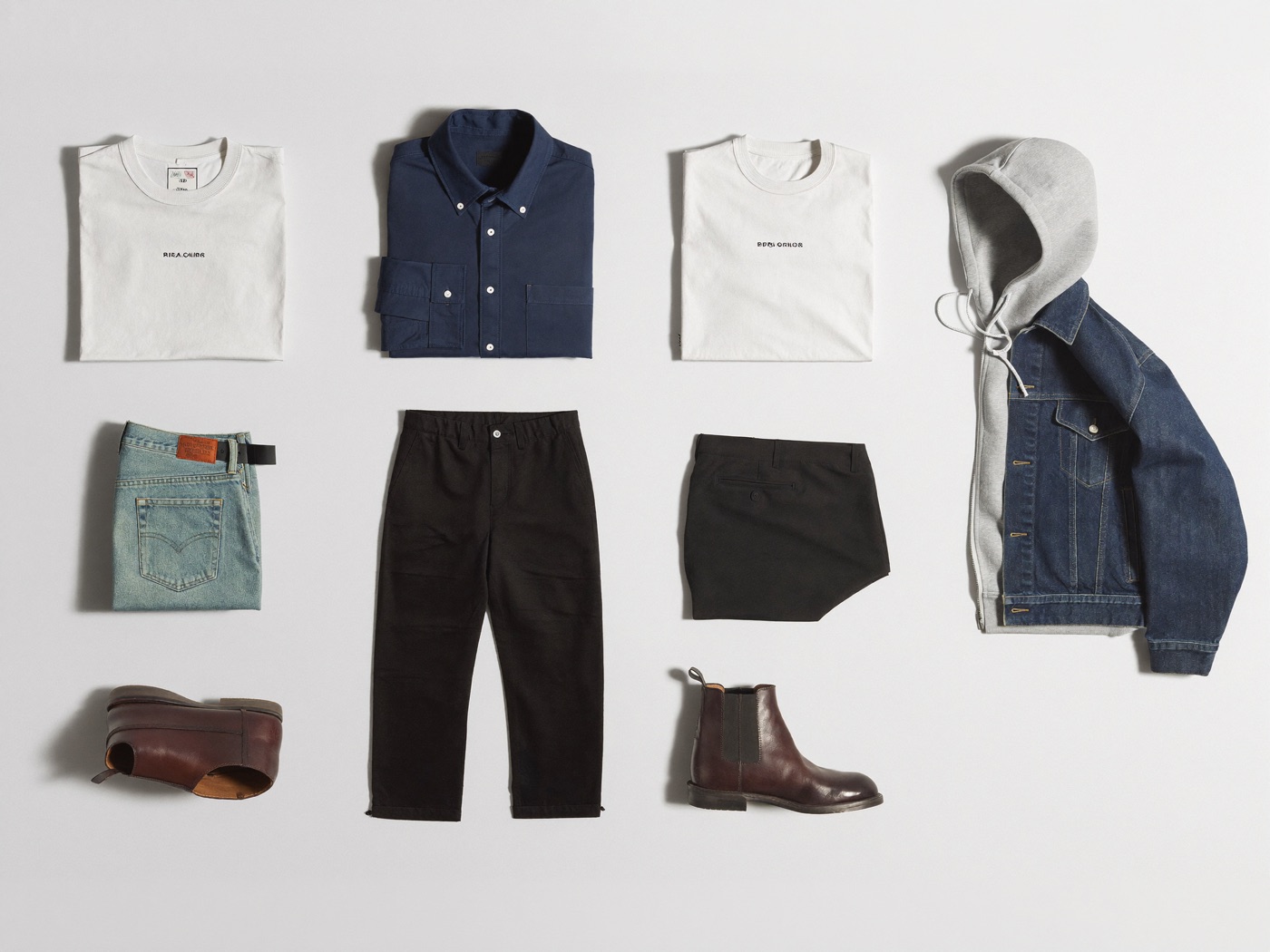 A navy shirt and folded clothes arranged for private closet capture