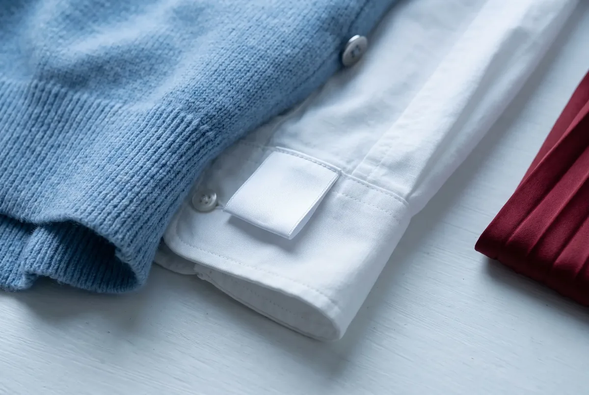 Close view of knit texture, a cotton seam and an unprinted garment label